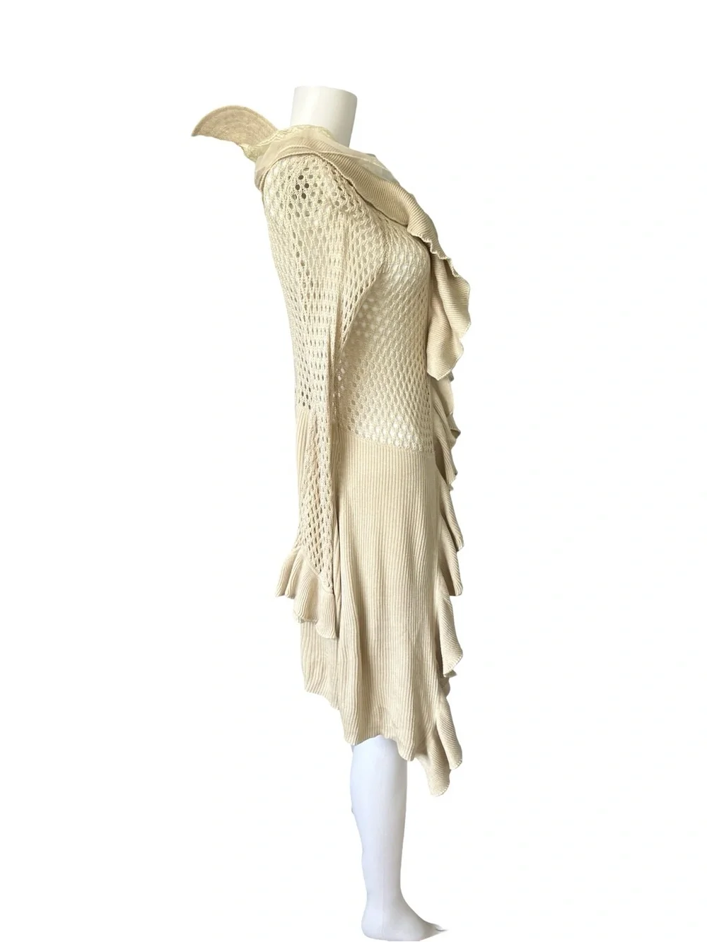 Ruffled Open Knit Cardigan Sweater Duster Neutral Size Medium Hippie Boho Womens